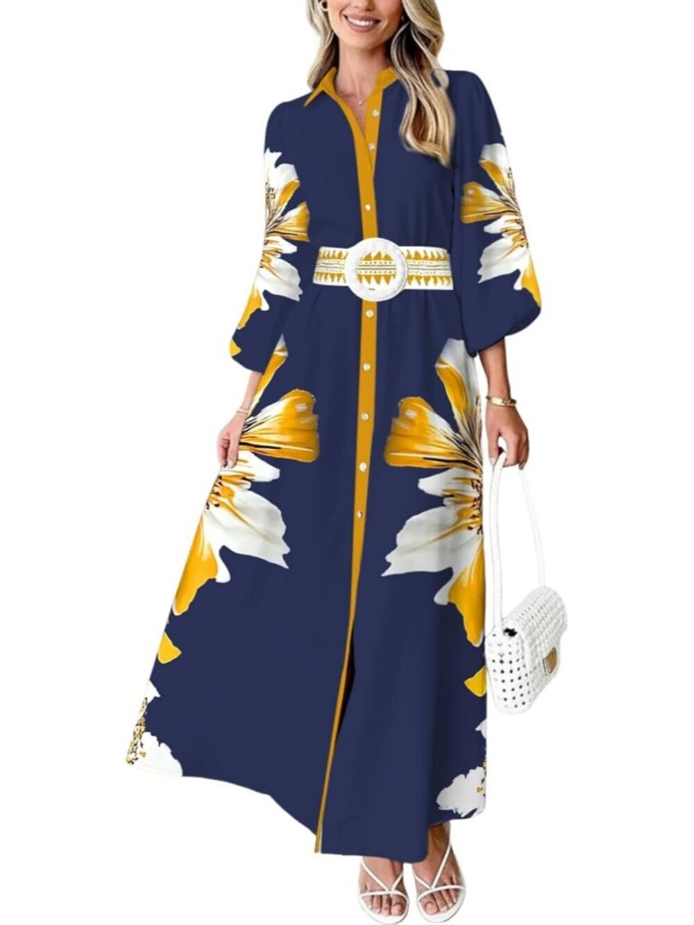 Women's Summer Maxi Dress Navy Long Sleeve Button Down Shirt Dress with Pocket - Picture 1 of 6